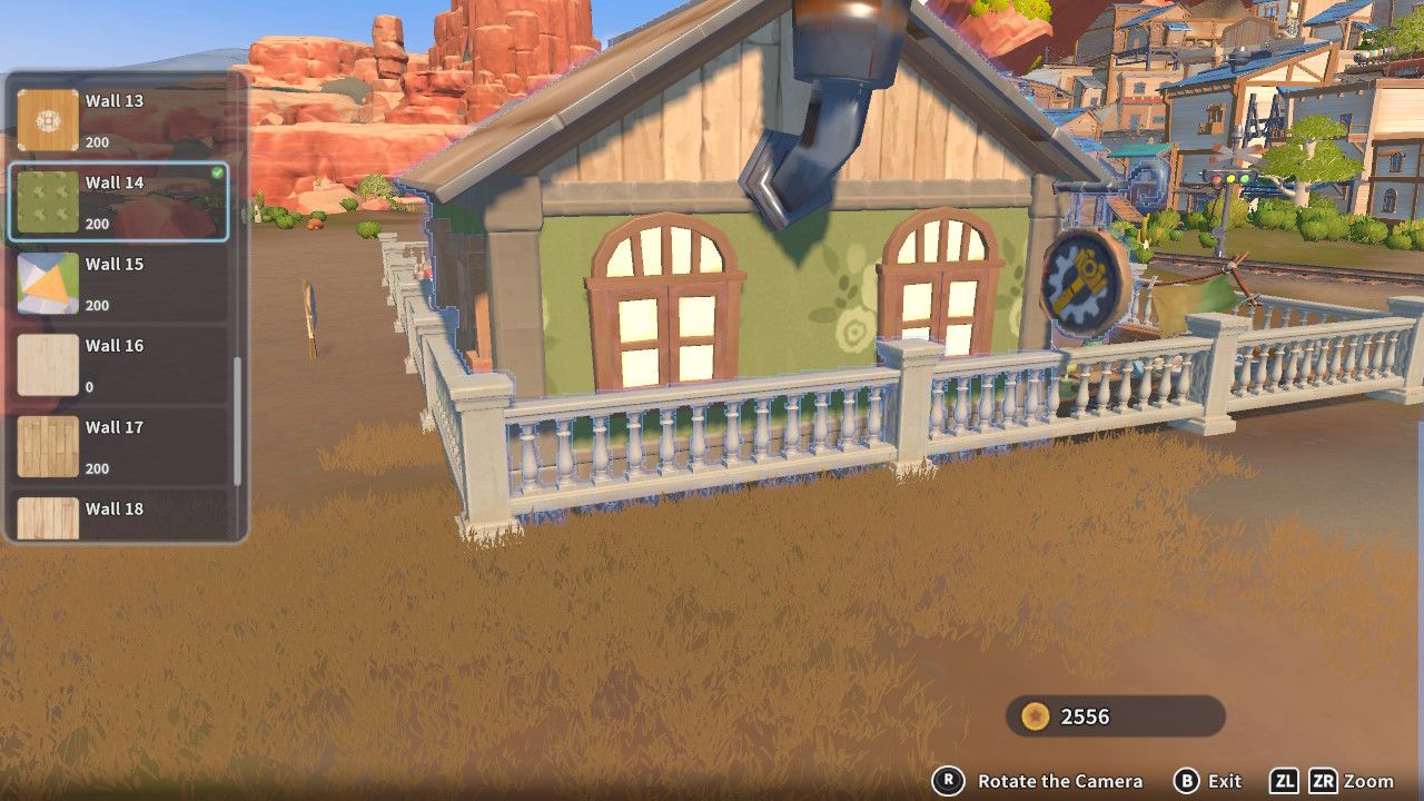 Player character in the Construction Junction build mode and testing a green floral pattern on their house in My Time Time At Sandrock.