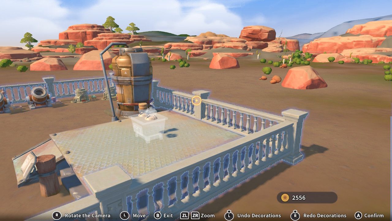 Player character in the Construction Junction build mode and putting a pale stone fence around their yard in My Time Time At Sandrock.