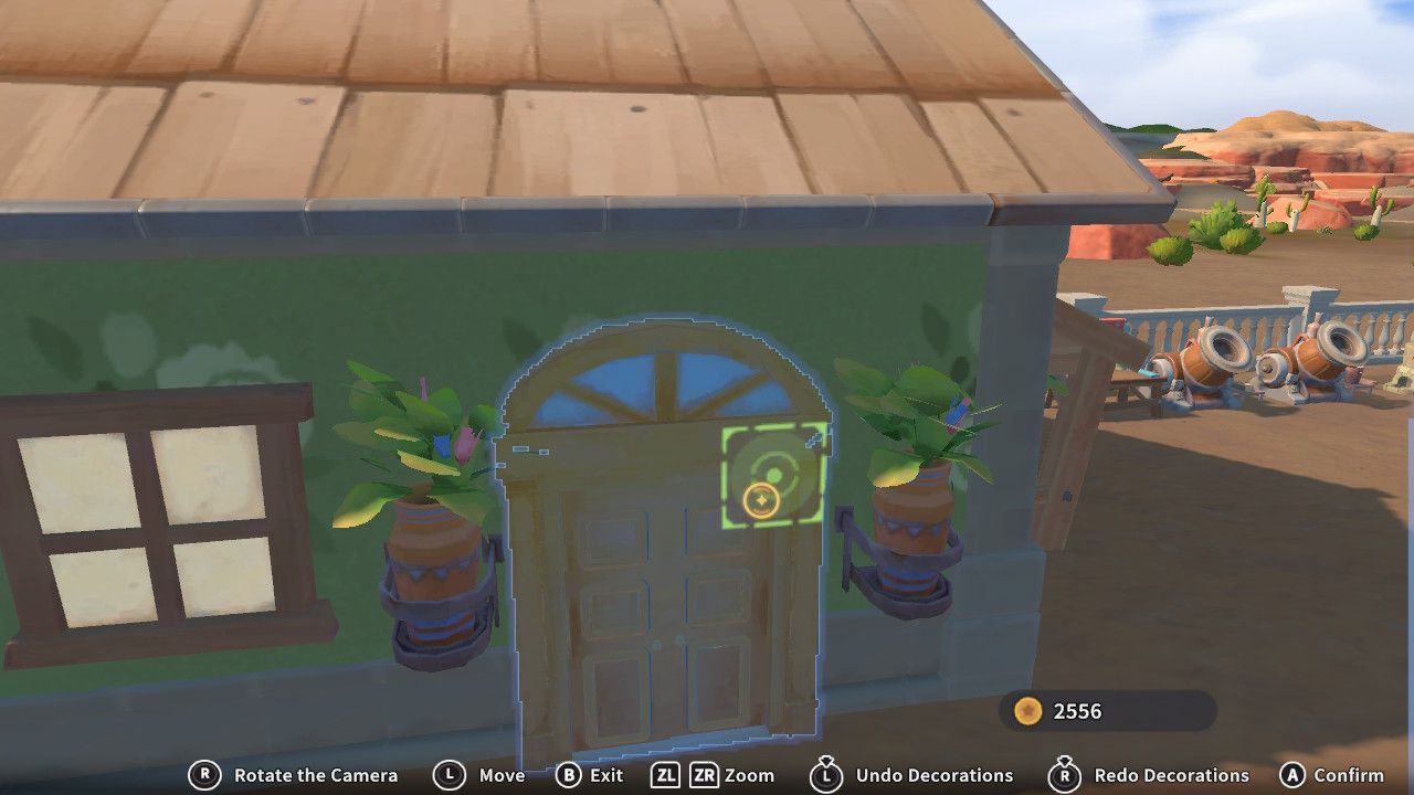 Player character in the Construction Junction build mode and adding a large arched door to their green house in My Time Time At Sandrock.