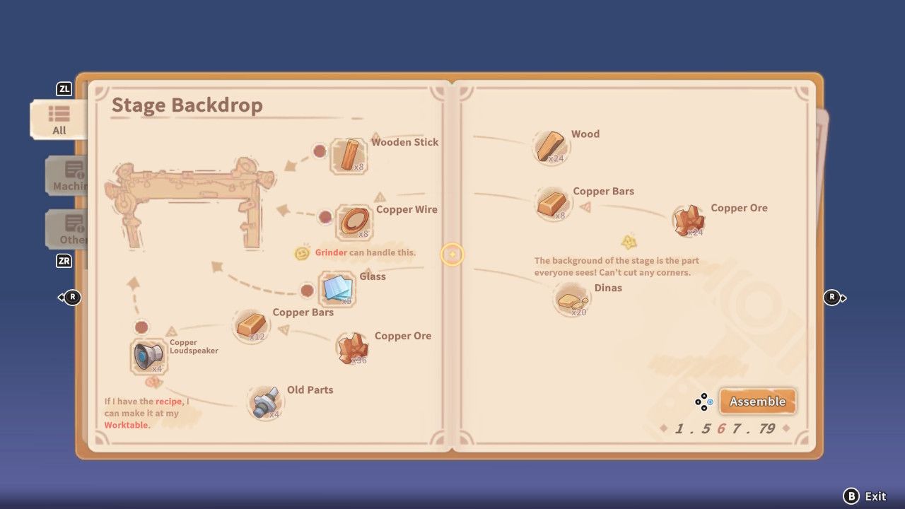 Player character in their journal and looking at the blueprint for the Stage Backdrop in My Time At Sandrock.