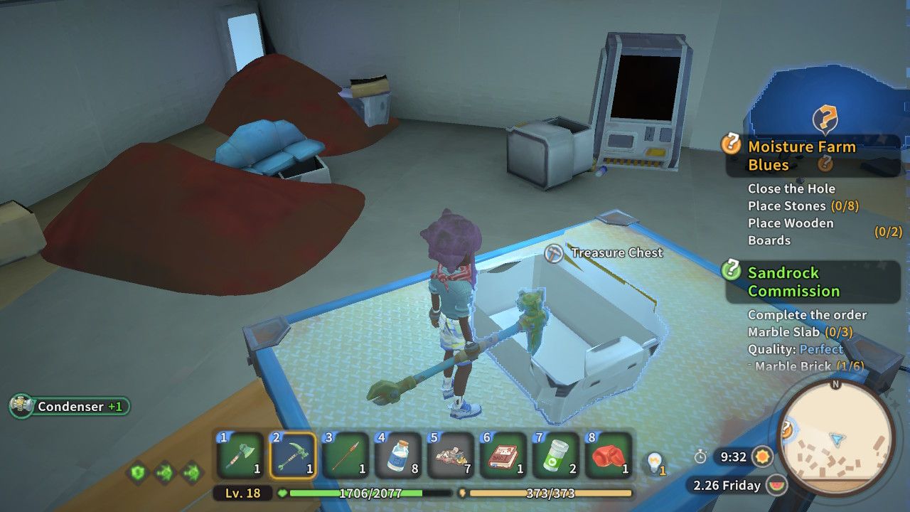 Player character in the bottom level of The Breach and opening a metal chest that contains a Condenser in My Time At Sandrock.
