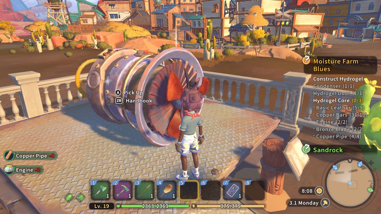 Player character standing in front of a completed Hydrogel Core on their Assembly Table in My Time At Sandrock.
