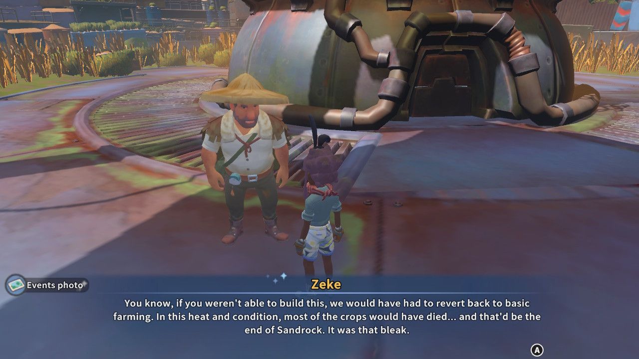 Zeke and the player character standing outside the newly repaired Hydrogel in My Time At Sandrock.