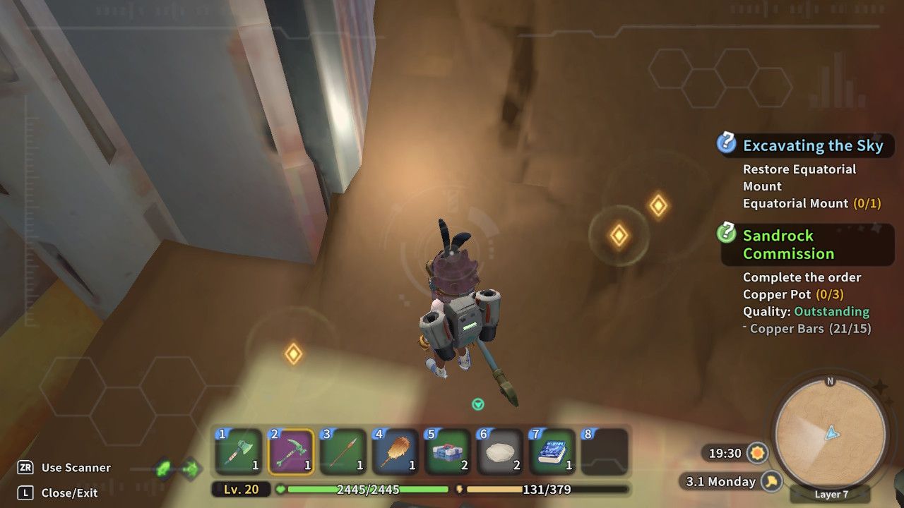 Player character in the depths of Eufaula Salvage Abandoned Ruins and scanning for relics which show up as yellow diamonds symbols in My Time At Sandrock.
