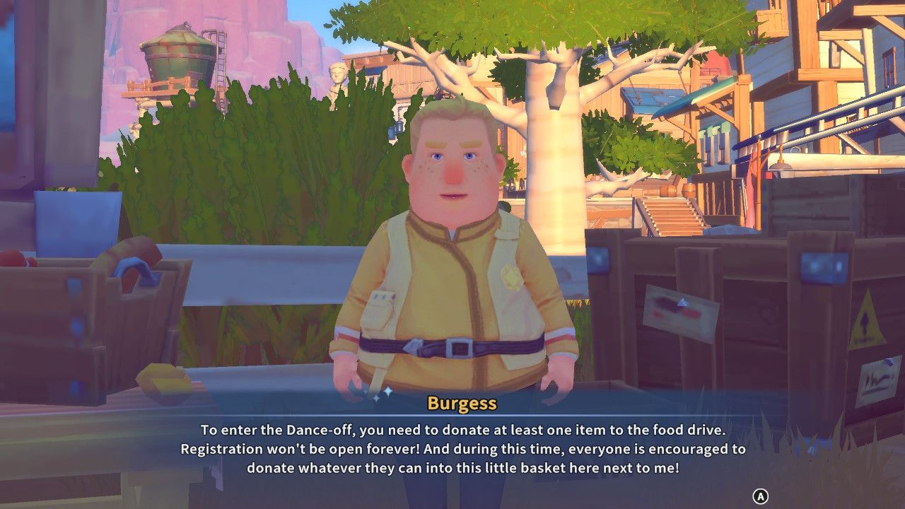 Player character speaking to Burgess next to the food drive counter and explaining how to enter the Dance-Off in My Time At Sandrock.