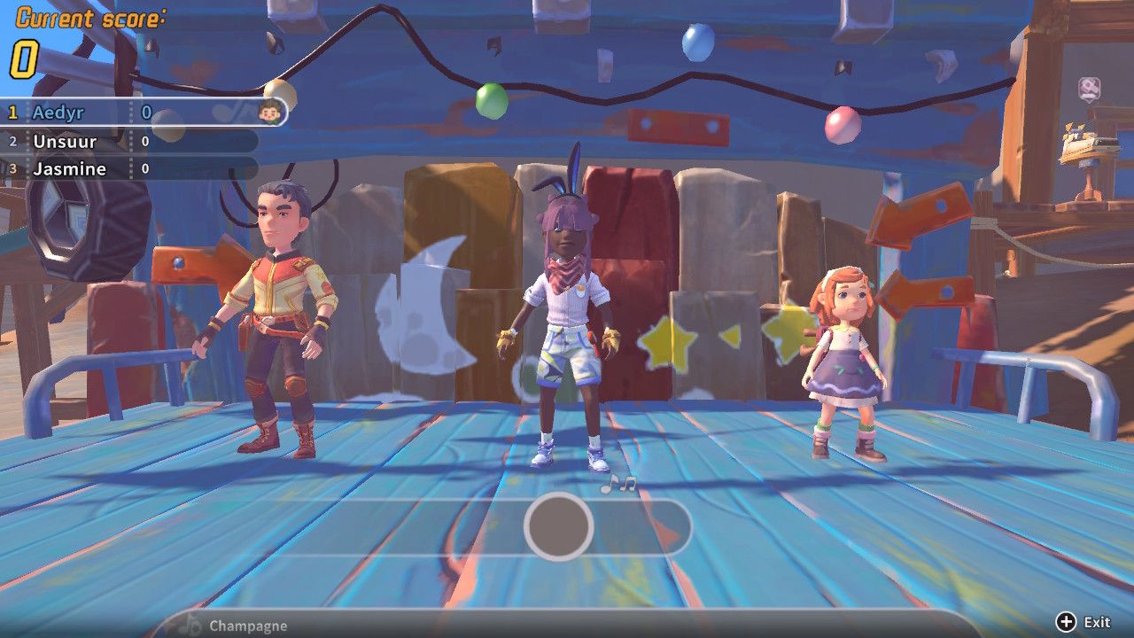 Player character standing between Unsuur and Jasmine on stage and about to dance in the dance-off in My Time At Sandrock.