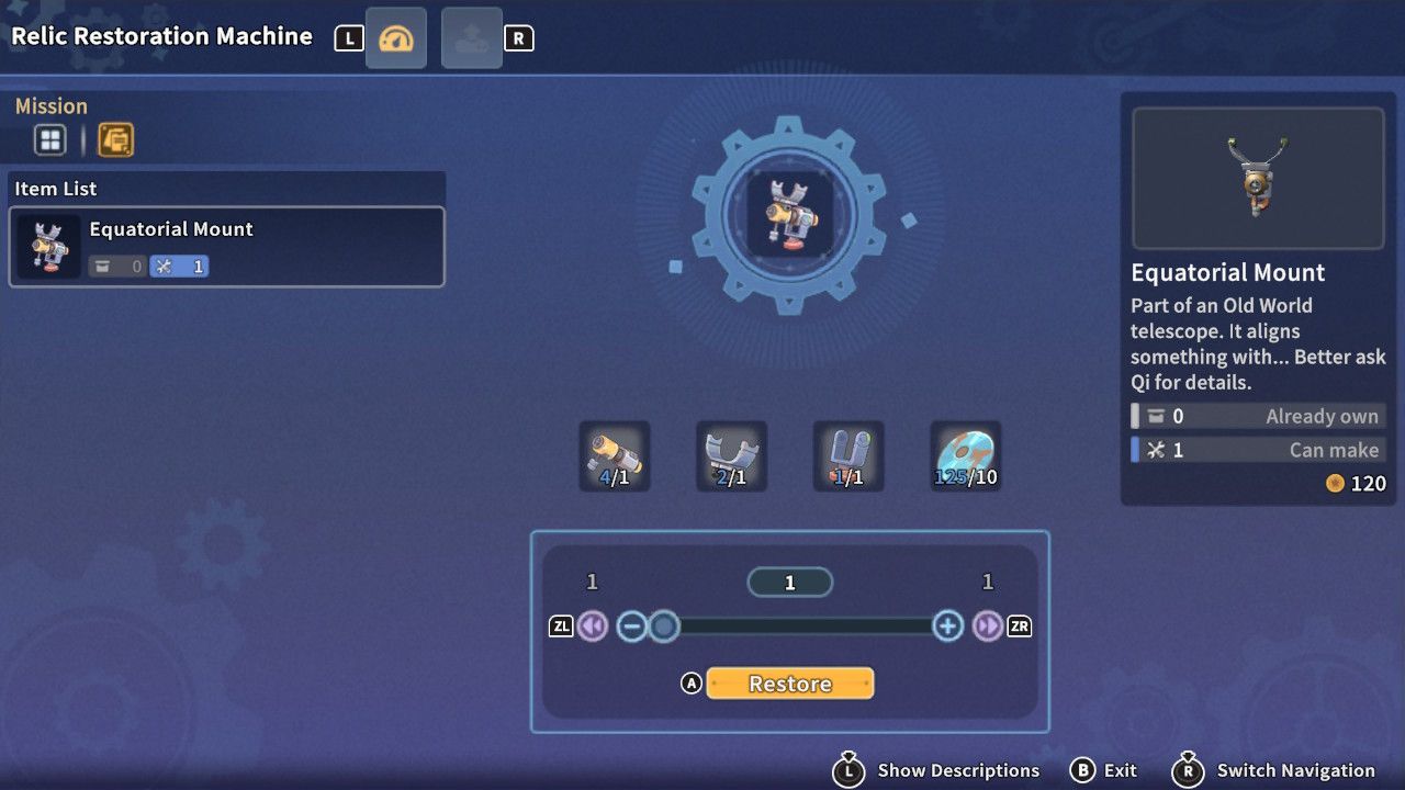 Player character using the Relic Restoration Machine and about to restore an Equatorial Mount relic in My Time At Sandrock.