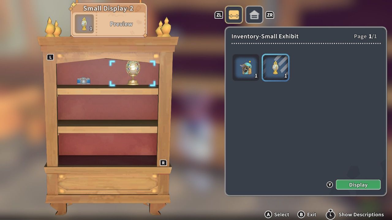 Player character donating and choose where to display a small size Jeweled Egg relic in the Museum in My Time At Sandrock.