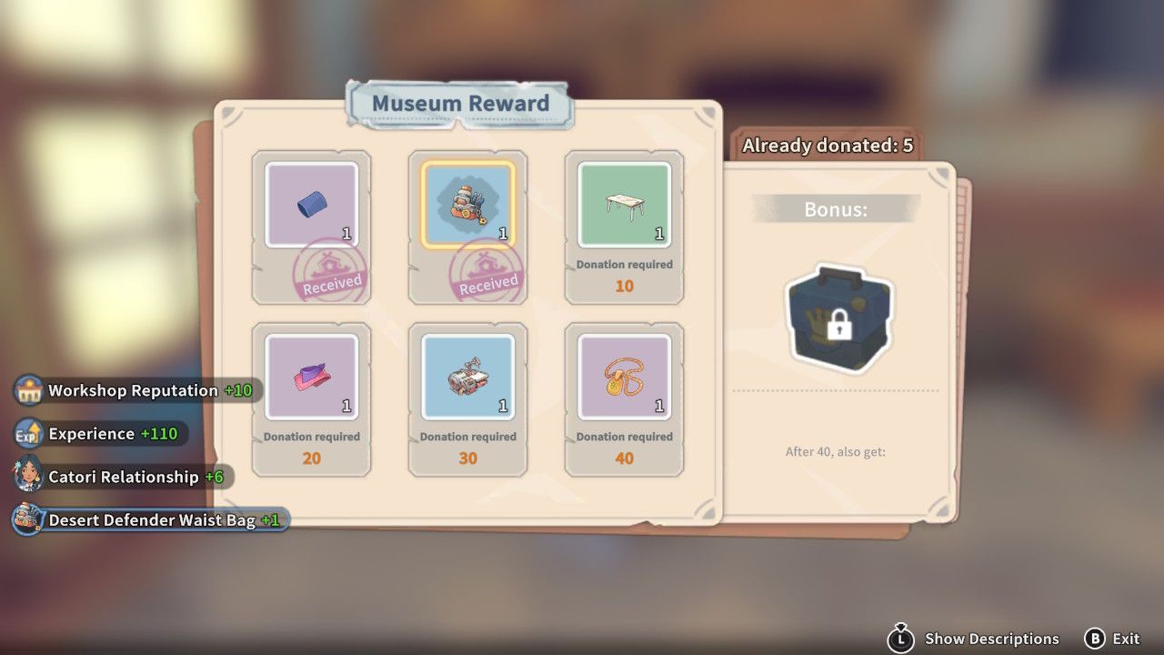 Player character reaching a donation milestone at the Museum and receiving a Desert Defender Waist Bag in My Time At Sandrock.