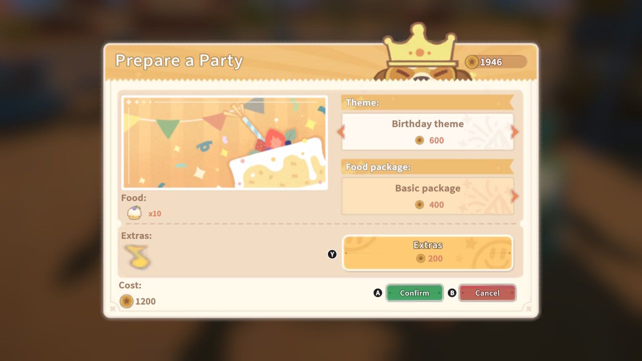 Player character using a Banquet Table in their yard and preparing a party with a Birthday theme and Basic food in My Time At Sandrock.