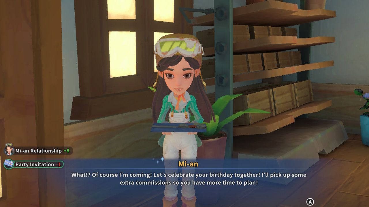 Player character speaking to Mi-an in her home and inviting her to their birthday party in My Time At Sandrock.