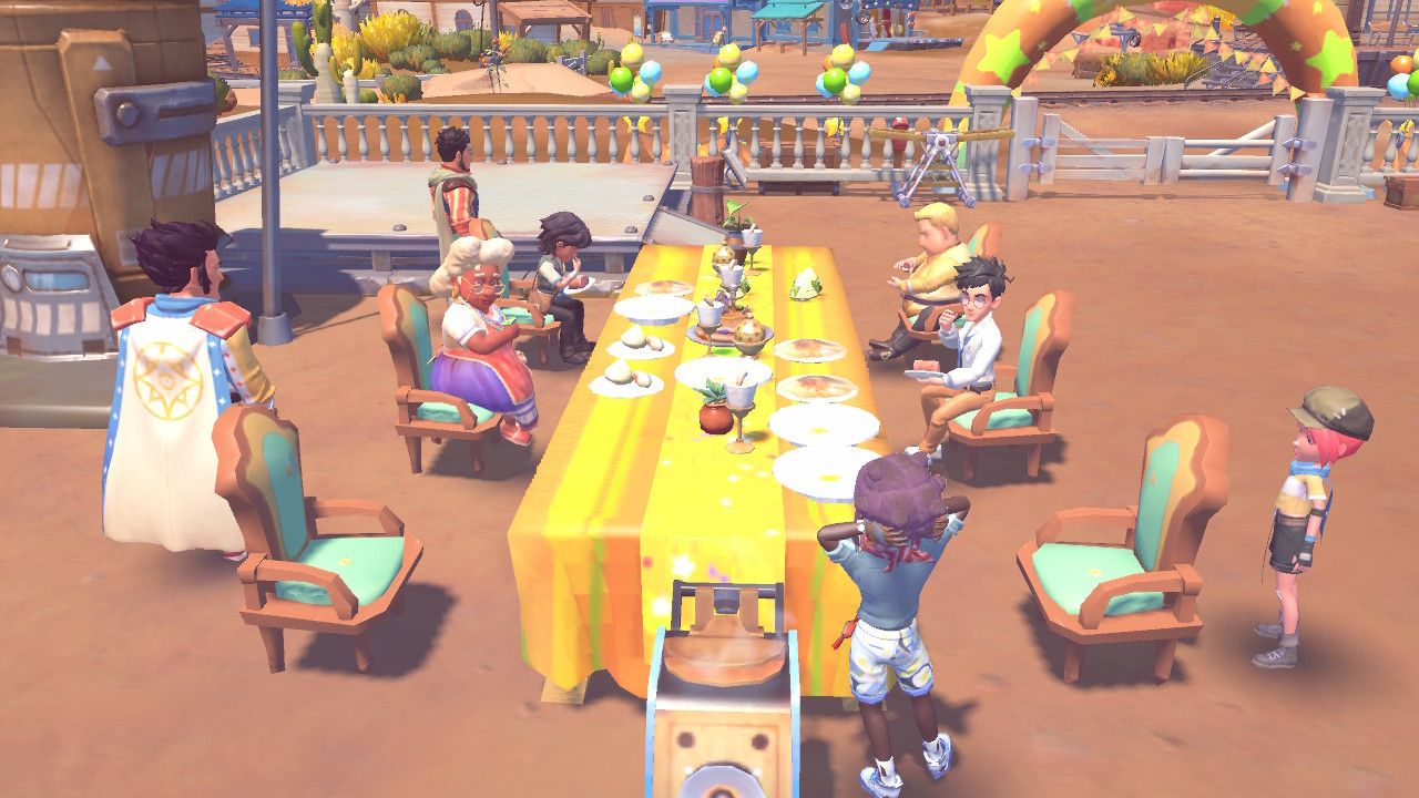 Player character at a Banquet Table and having a party with Pen, Elise, Qi, Burgess, Vivi, Owen, and Arvios in My Time At Sandrock.