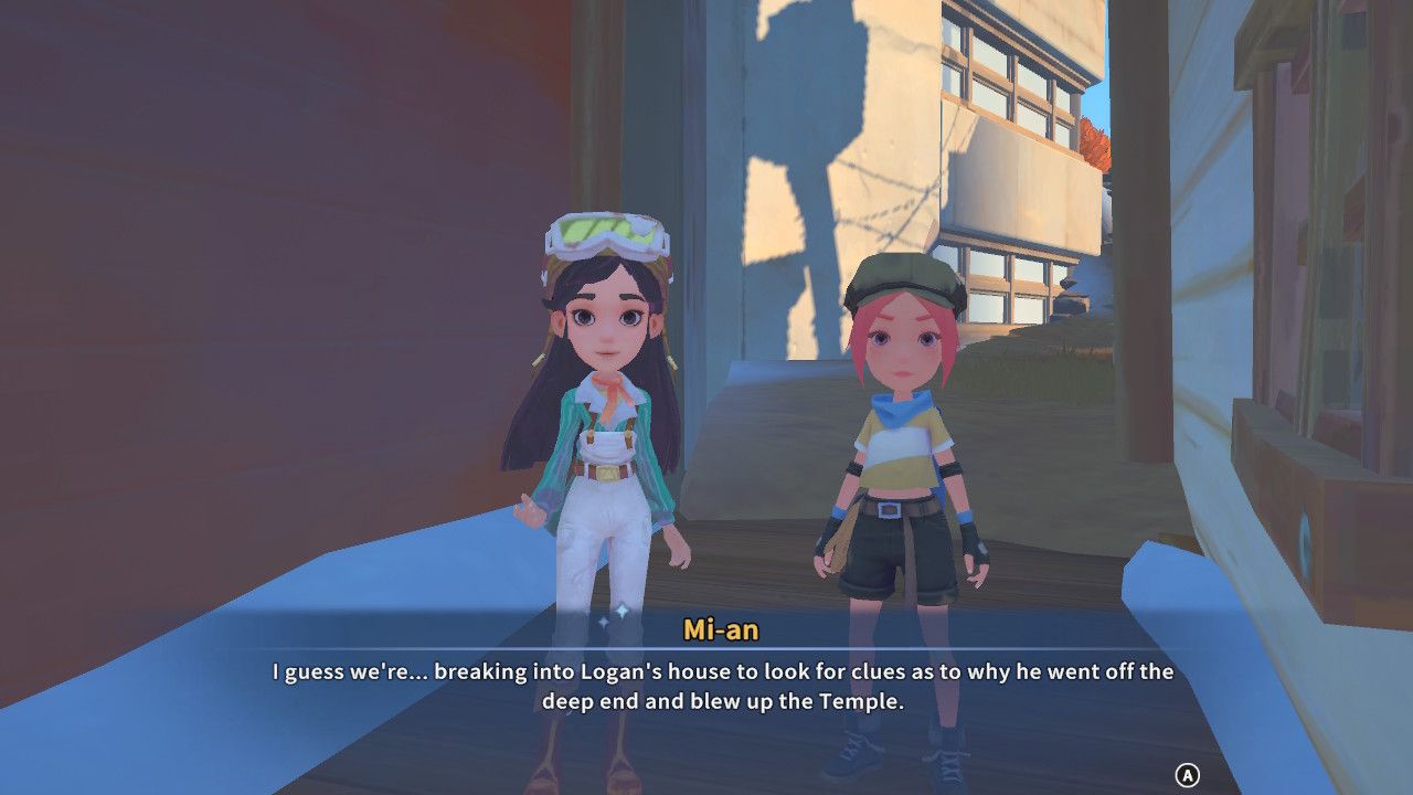Player character speaking to Mi-an and Elsie outside of Logan's home in My Time At Sandrock.