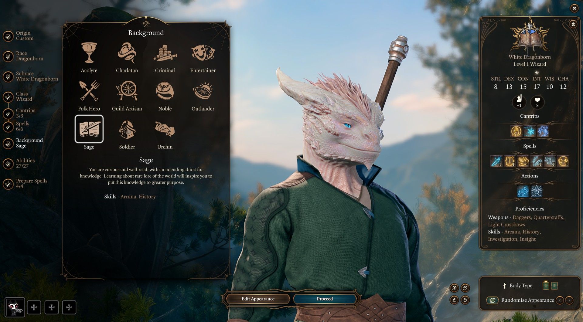 White Dragonborn Abjuration Wizard chooses Sage as background in Baldur's Gate 3