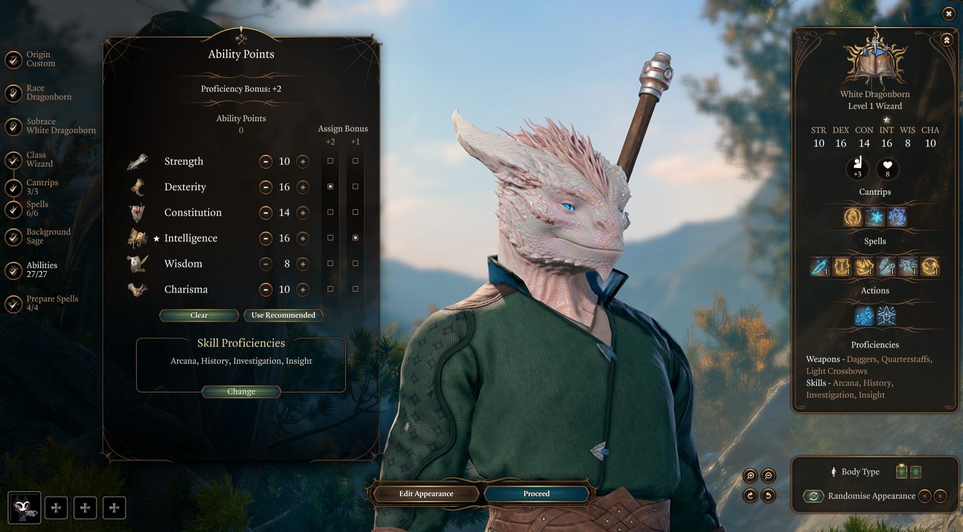 Abjuration Wizard Dragonborn chooses stats favoring Intelligence and Dex in Baldur's Gate 3