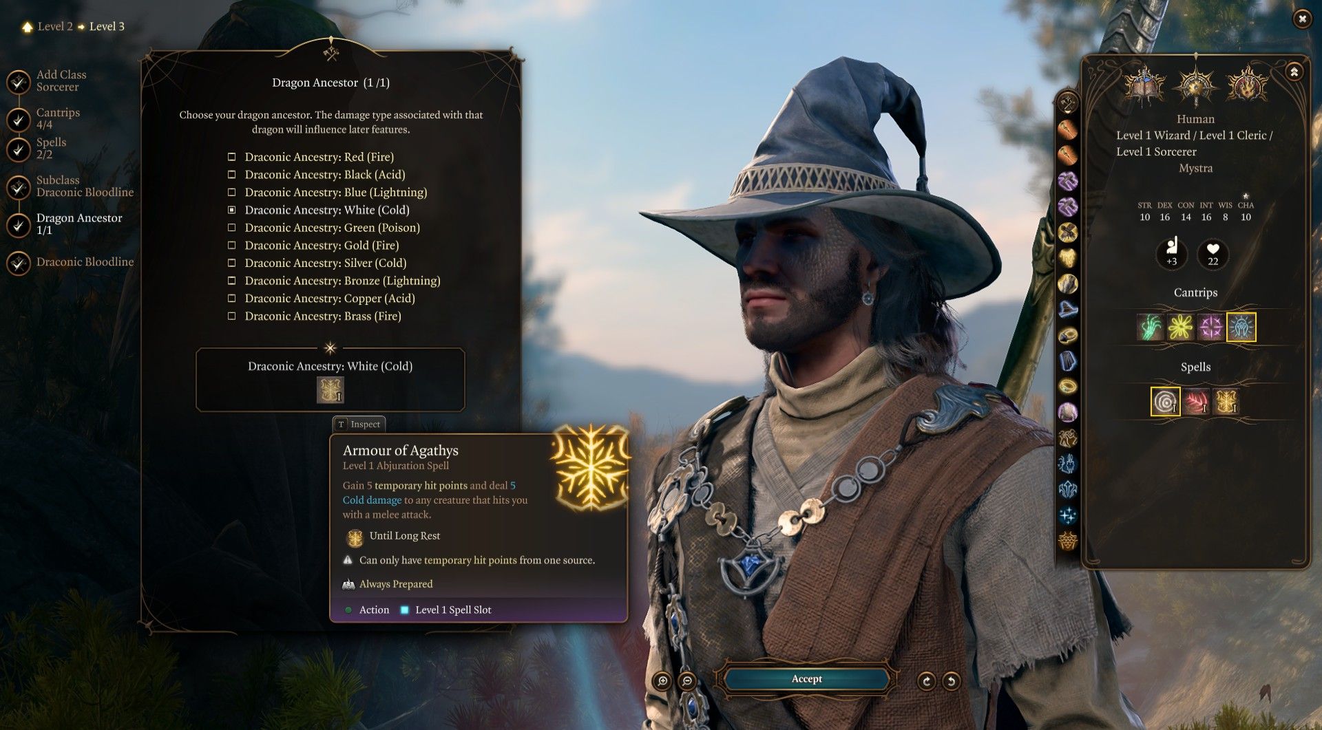 Gale multiclasses into Dragonic Sorcerer for Armor of Agathys Abjuration Wizard in Baldur's Gate 3