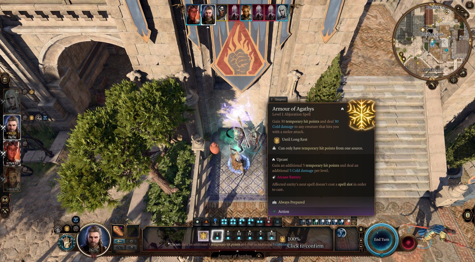Gale investigates Armour of Agathys casted at 6th level in Mind Flayer combat in Baldur's Gate 3