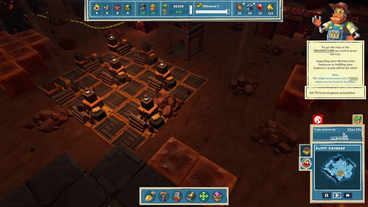 A small Miner Steambot quarters with a fallen rock chunk having destroyed a tile of it and several other fallen rocks around it due to instability in Dusty Caverns in Steamworld Build.