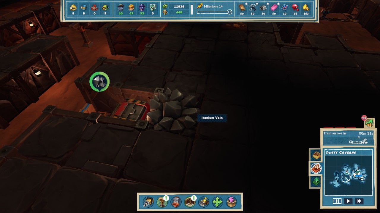 A large red Ironium Extractor machine automatically extracts Ironium from a large, spiked Ironium Vein in a bedrock wall in Steamworld Build.