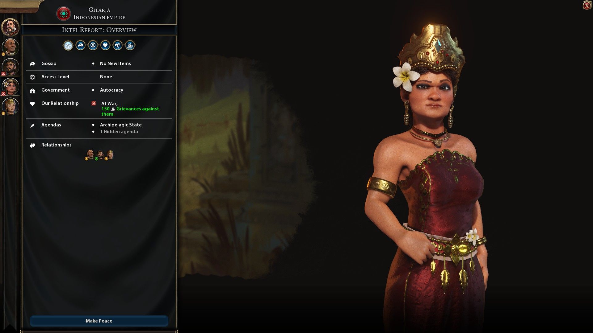 gitarja of indonesia on the diplomacy screen while at war in civilization 6