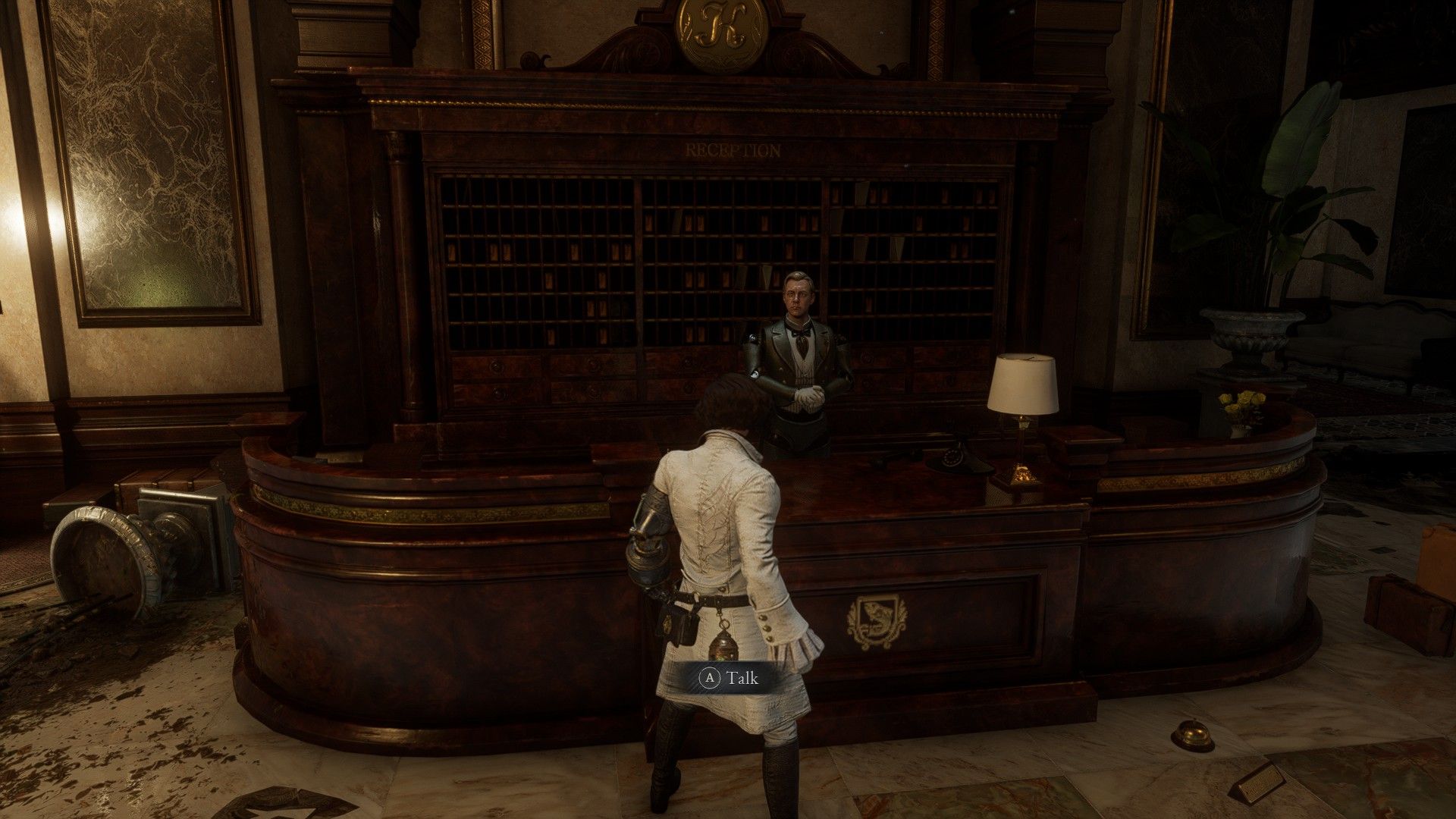 P stands before Polendina's Shop in Hotel Krat after battle in Lies of P