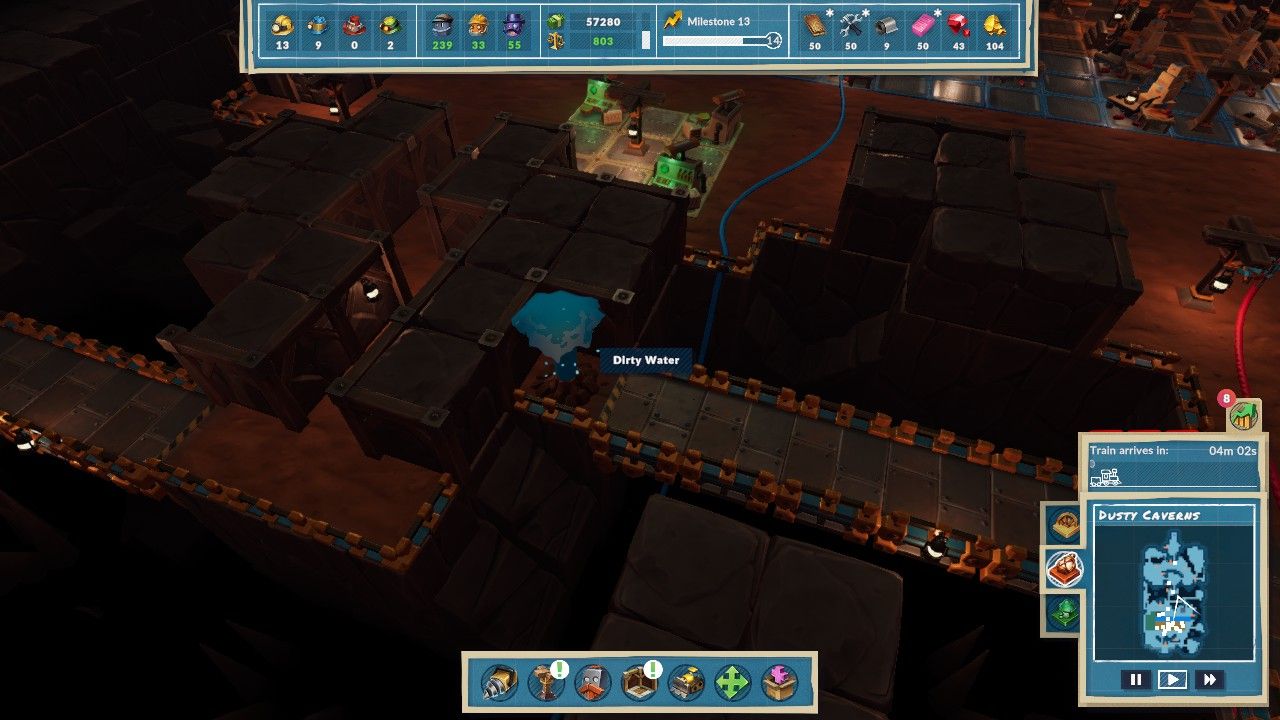 A large vein of Dirty Water sprays into the air near a constructed metal bridge over a pit in Dusty Caverns in Steamworld Build.