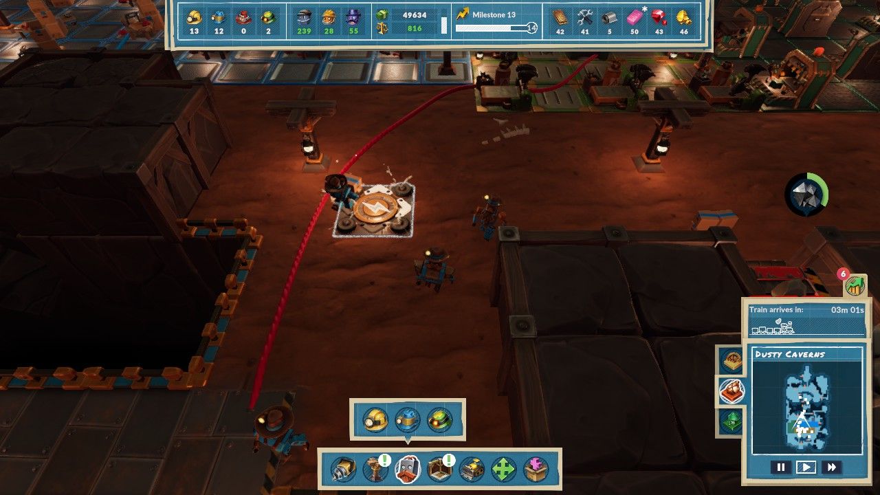 A Prospector Bot running over an installed Steam Vent and receiving a speed boost in Dusty Caverns in Steamworld Build.