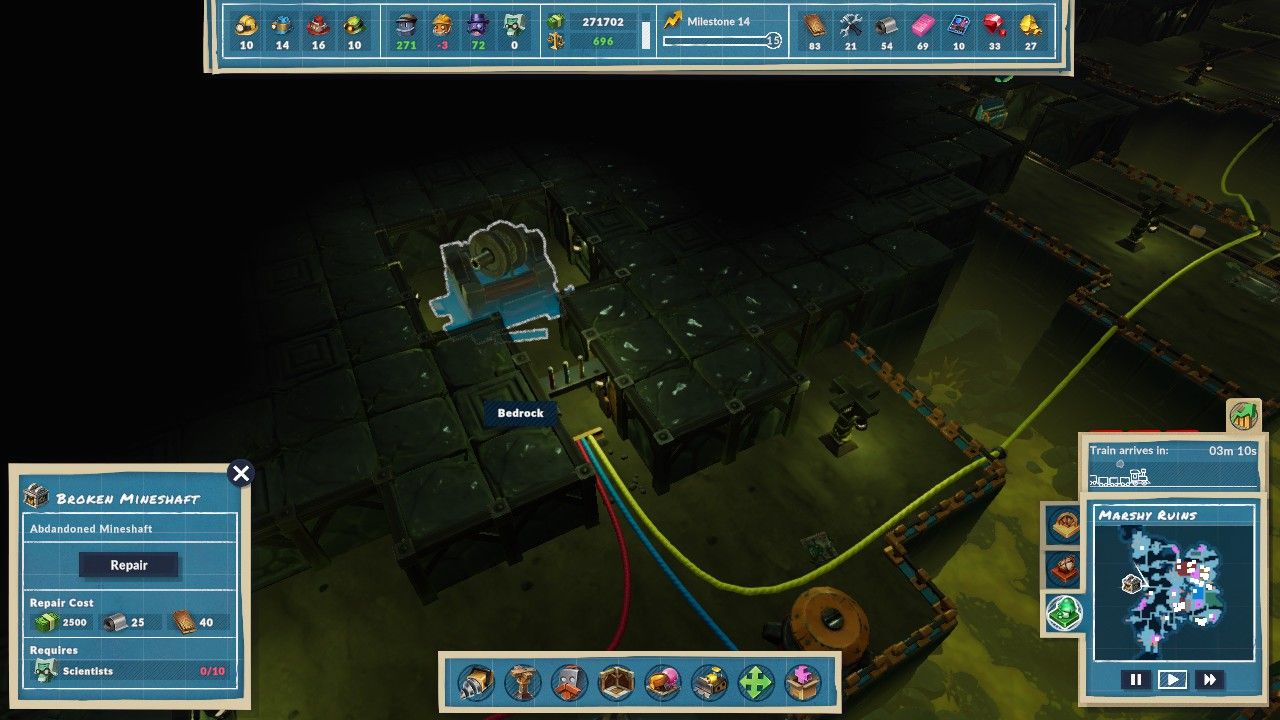 Aerial view of the unrepaired Abandoned Mineshaft that leads to the Crackling Depths in Marshy Ruins in Steamworld Build.