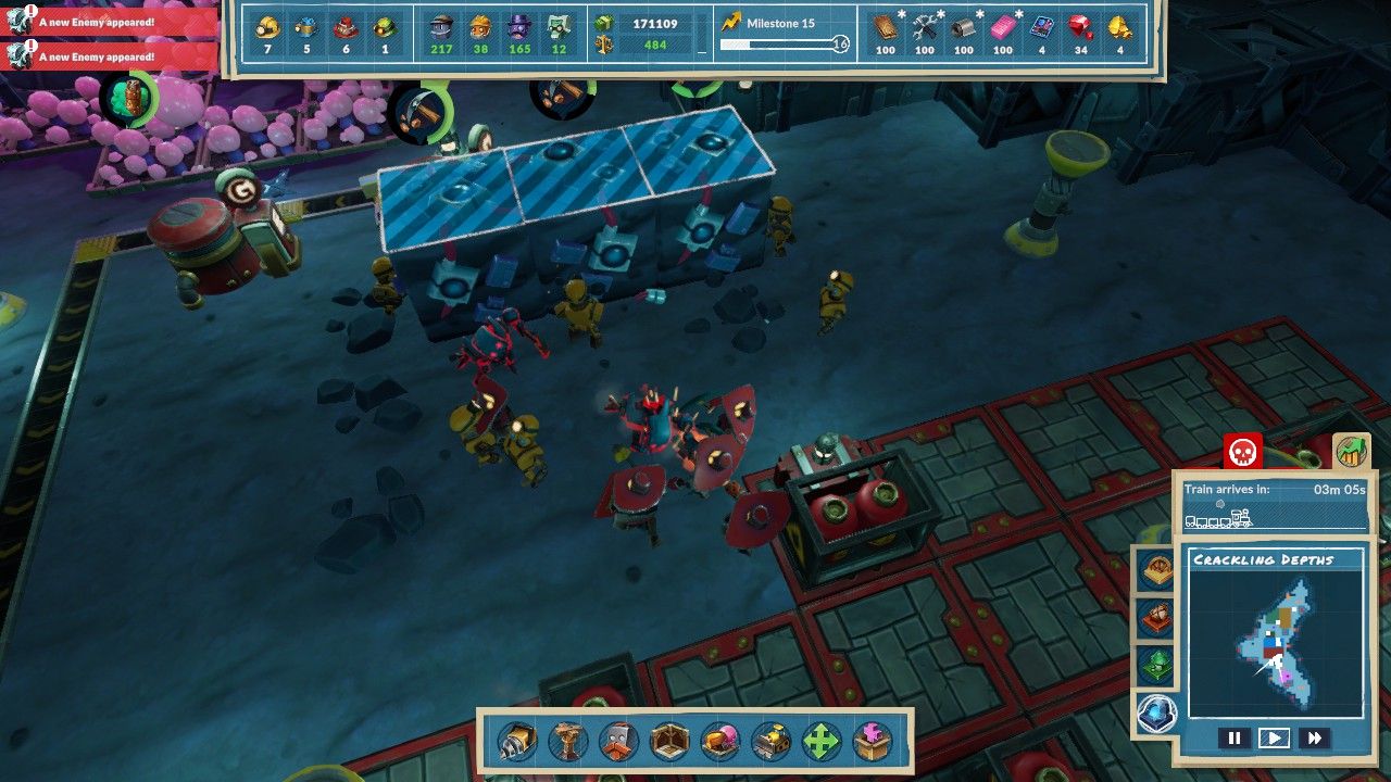 Several Guard Steambots fighting off an Undead Bot while Miner Steambots are digging up Vectron Scrap tiles in Steamworld Build.