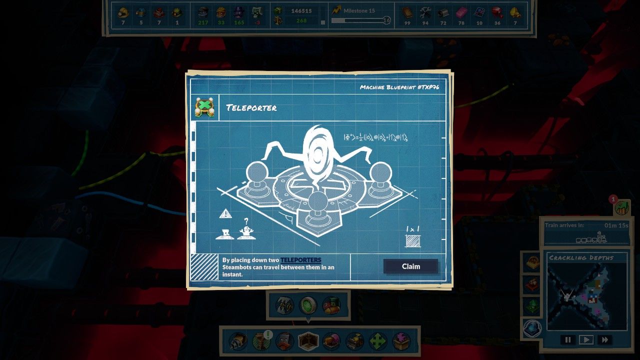 Light blue blueprint showing the design of a Teleporter from a chest in the Crackling Depths in Steamworld Build.