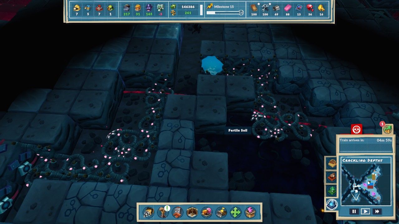 Large clumps of mechanical Creep flowers with glowing lights on them and lighted mechanical flowers growing and filling up a room in the Crackling Depths in Steamworld Build.