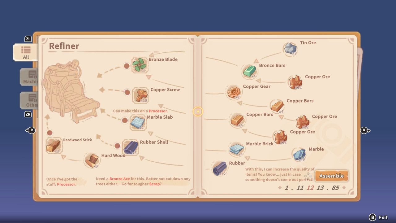 Player character looking in their machine diagram book and looking at the page detailing the Refiner and what materials it needs in My Time At Sandrock.