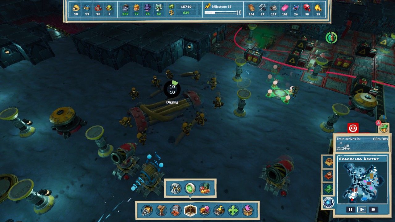Several Miners working at digging up a Rocket Part in the Crackling Depths while surrounded by pillars and turrets in Steamworld Build.