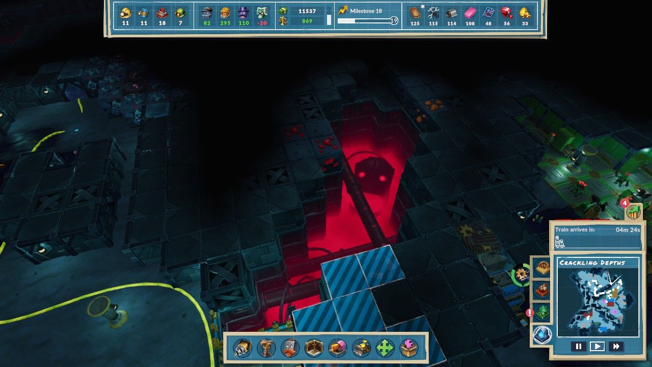 Aerial view of a section of the Crackling Depths, showing Gold Nugget, Ruby, Scrap, and Vectron Scrap Veins on sides of a canyon in the Crackling Depths in Steamworld Build.