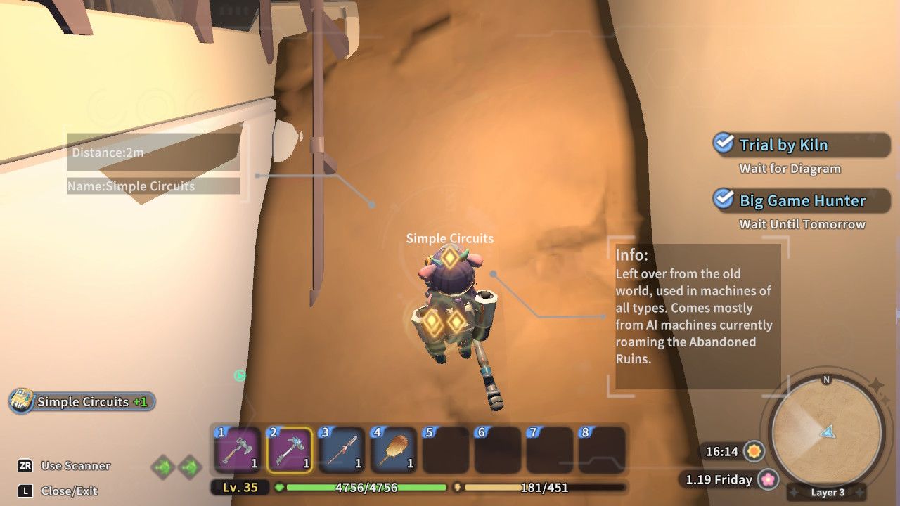 Player character using the Treasure Scanner and scanning to find Simple Circuits in the ground in Eufaula Salvage Abandoned Ruins in My Time At Sandrock.