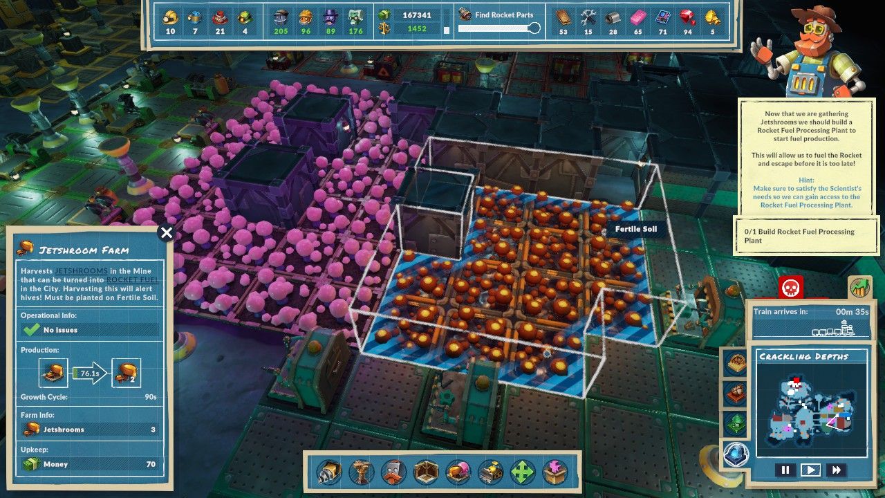 A large plot of red-orange Jetshrooms growing next to bright pink Plastishrooms on Fertile Soil near Workshop quarters in the Crackling Depths in Steamworld Build