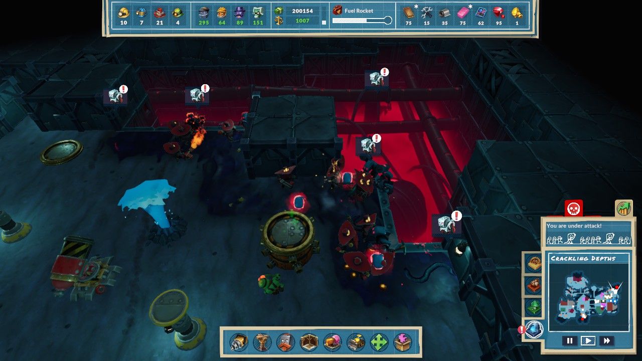 Several Guard bots engaging a Hive attack while three floating glowing Necromancer Bots trying to revive enemies in Steamworld Build