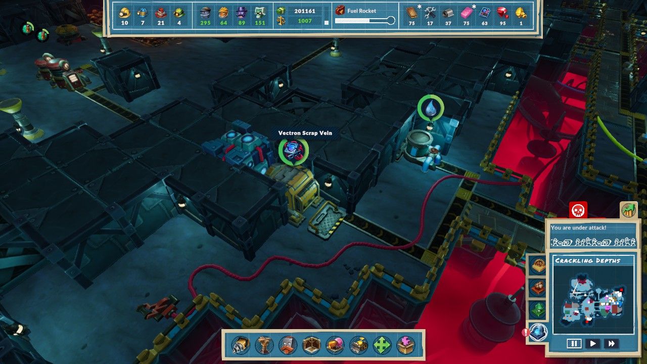 View of an Extractor machine harvesting Vectron Scrap from a Vectron Scrap Vein that looks like a blue mechanical cube with red wires and lights in Steamworld Build.