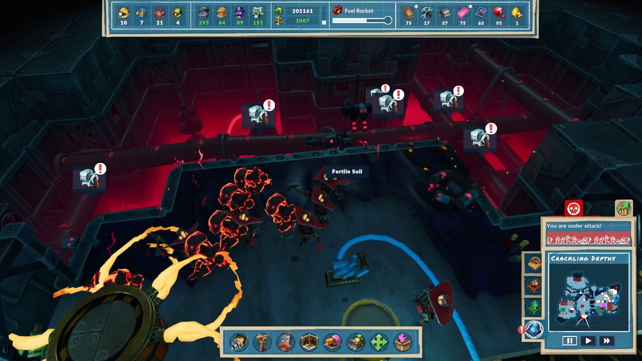 A Gunner Bot and Creeping Hulk climbing up a wall onto land as several Undead Bots attack a Flame Turret and Guards in Steamworld Build.
