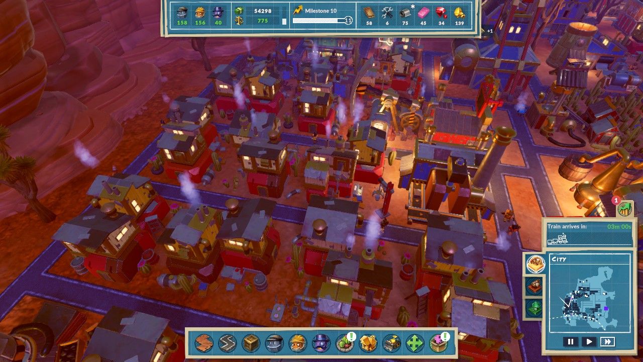 Aerial view of several Engineer residences along with other Engineer Buildings nearby like a Moonshiner and a Toolmaker in Steamworld Build.