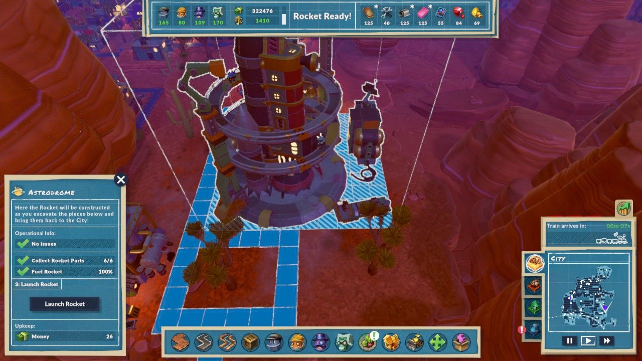 Aerial view of the Astrodome building in the city with all six Rocket Parts and all one hundred fuel ready to be launched in Steamworld Build.