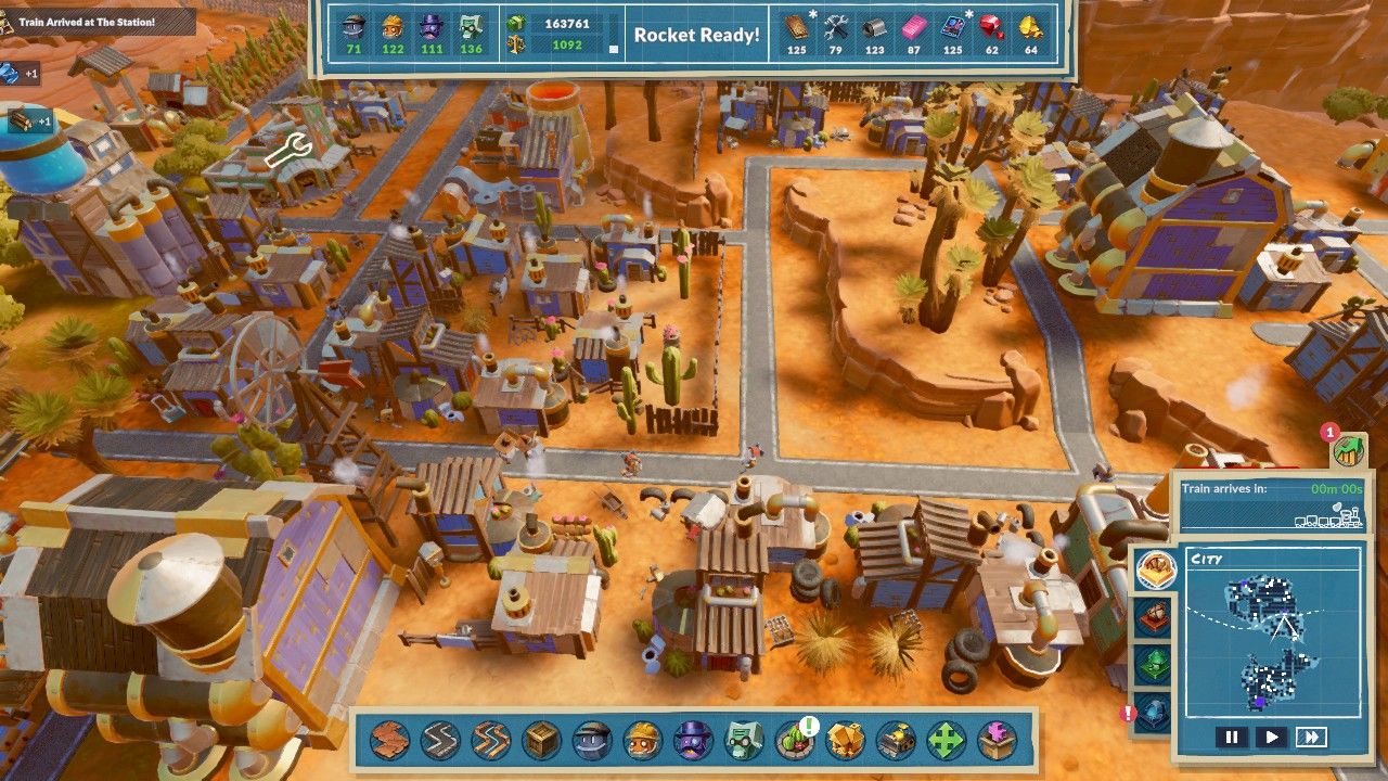 Aerial view of several Worker residences, along with other Worker buildings such as a Service Shop, and some Warehouses in Steamworld Build.