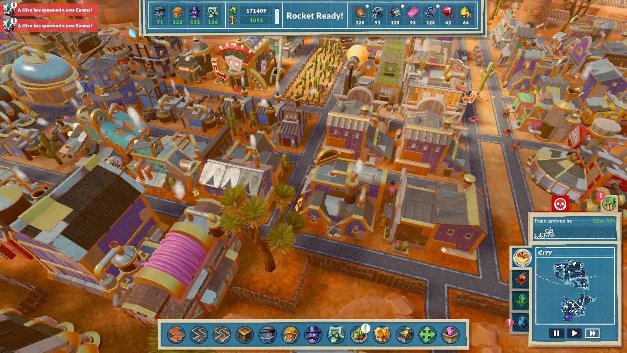 Aerial view of several Aristobot residences, along with Aristobot buildings such as the Polymerization Plant, Casino, and Sheriff's Office in Steamworld Build.