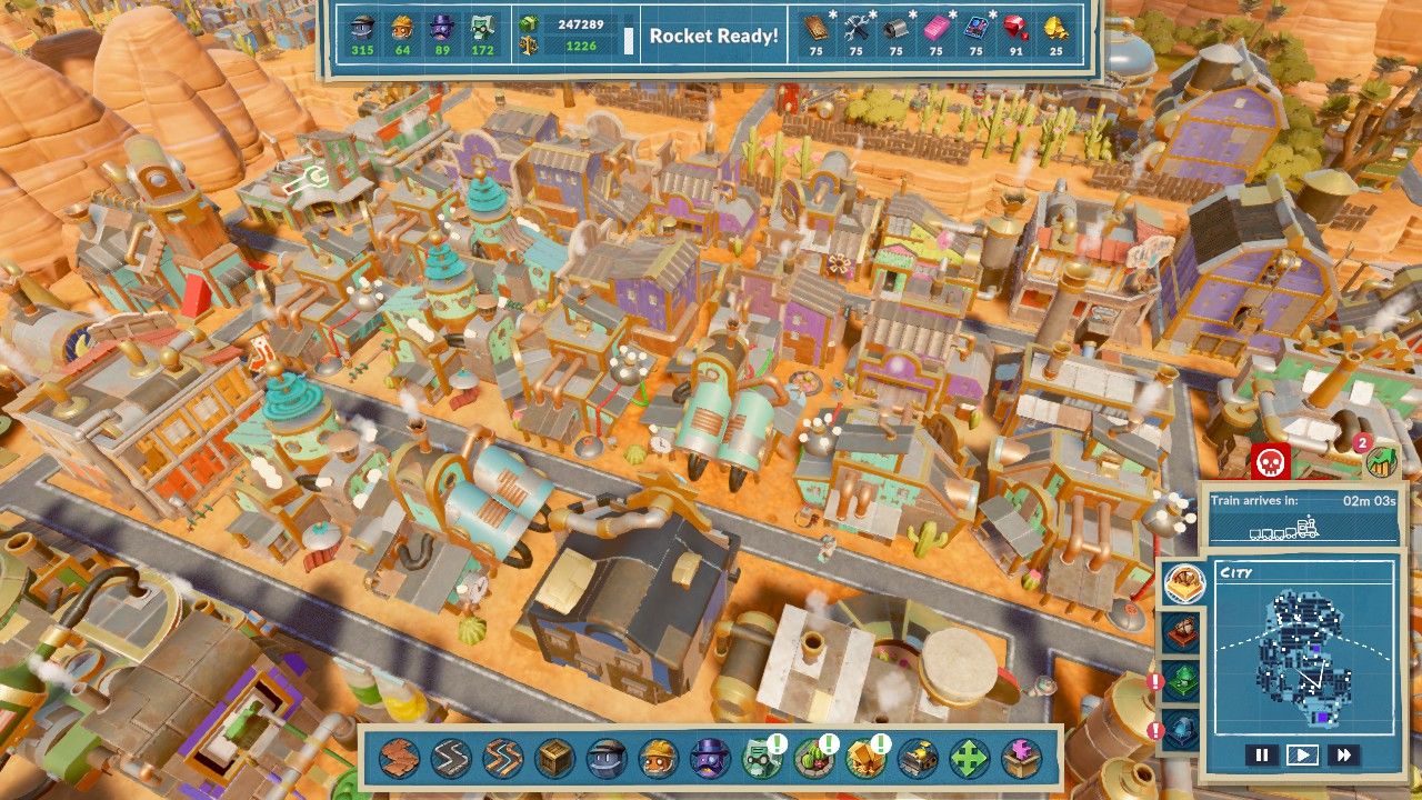 Aerial view of an area of Scientist residences with other buildings near them such as a Saloon and Warehouses in Steamworld Build.