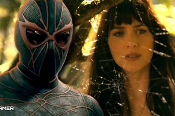 Dakota Johnson as Madame Web and a villain in a dark suit in Madame Web