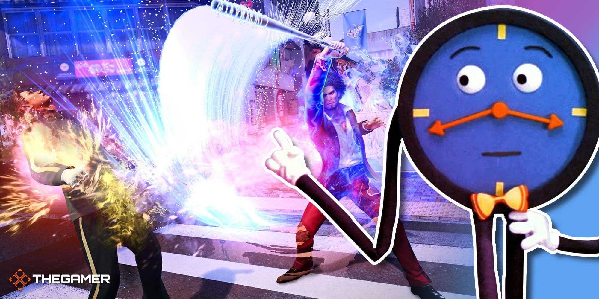 Ichiban Kasuga smashing an enemy with a baseball bat, with Tony the Talking Clock from Don't Hug Me I'm Scared superimposed on the right