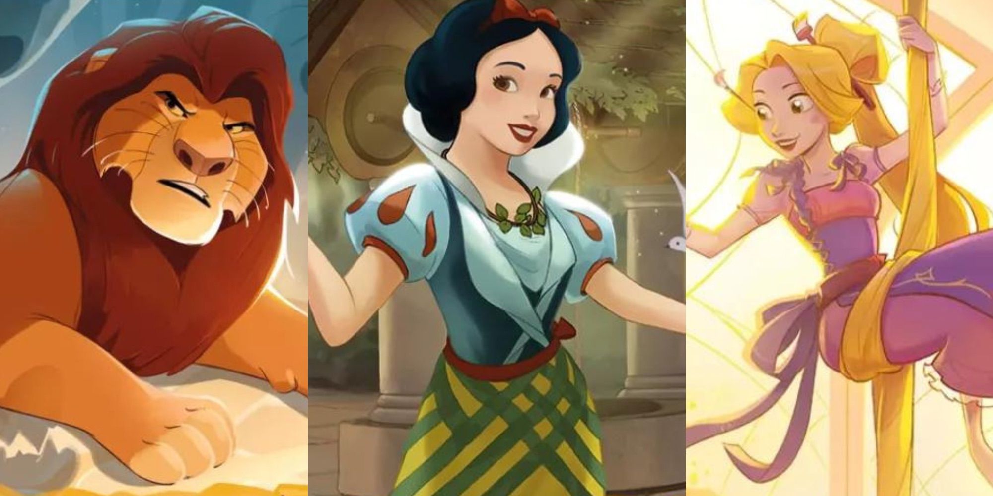 disney lorcana 10 best amber cards in rise of the floodborn cover art featuring mufasa, snow white, and rapunzel
