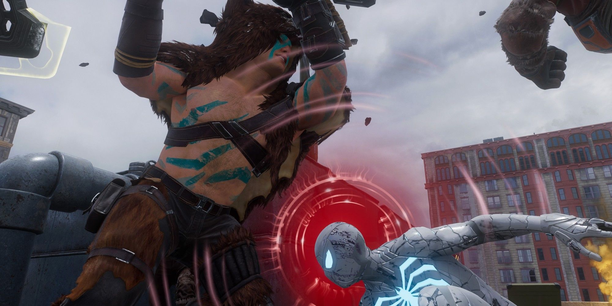 A big Hunter with an axe and a bear cloack attacking Spider-Man, who is wearing a white suit