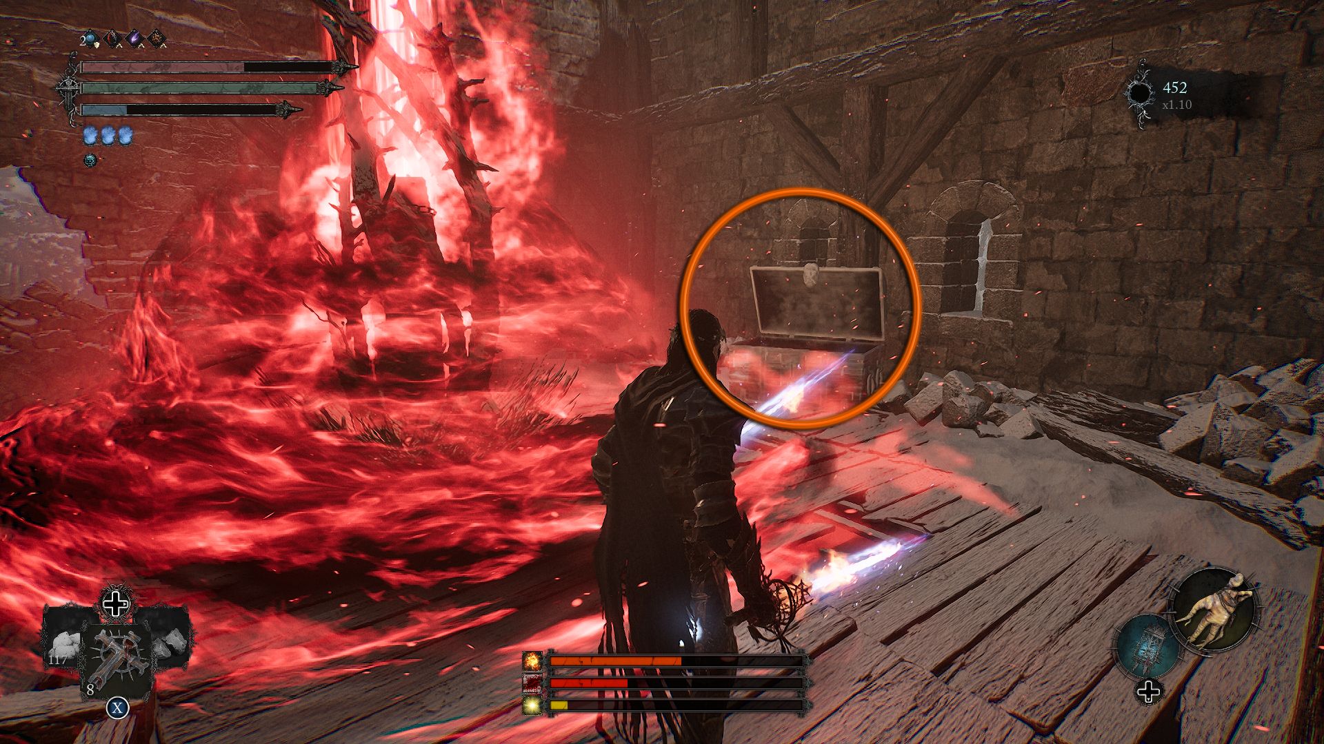 A circle showing the chest next to the beacon that contains Deralium Chunk Lords of the Fallen