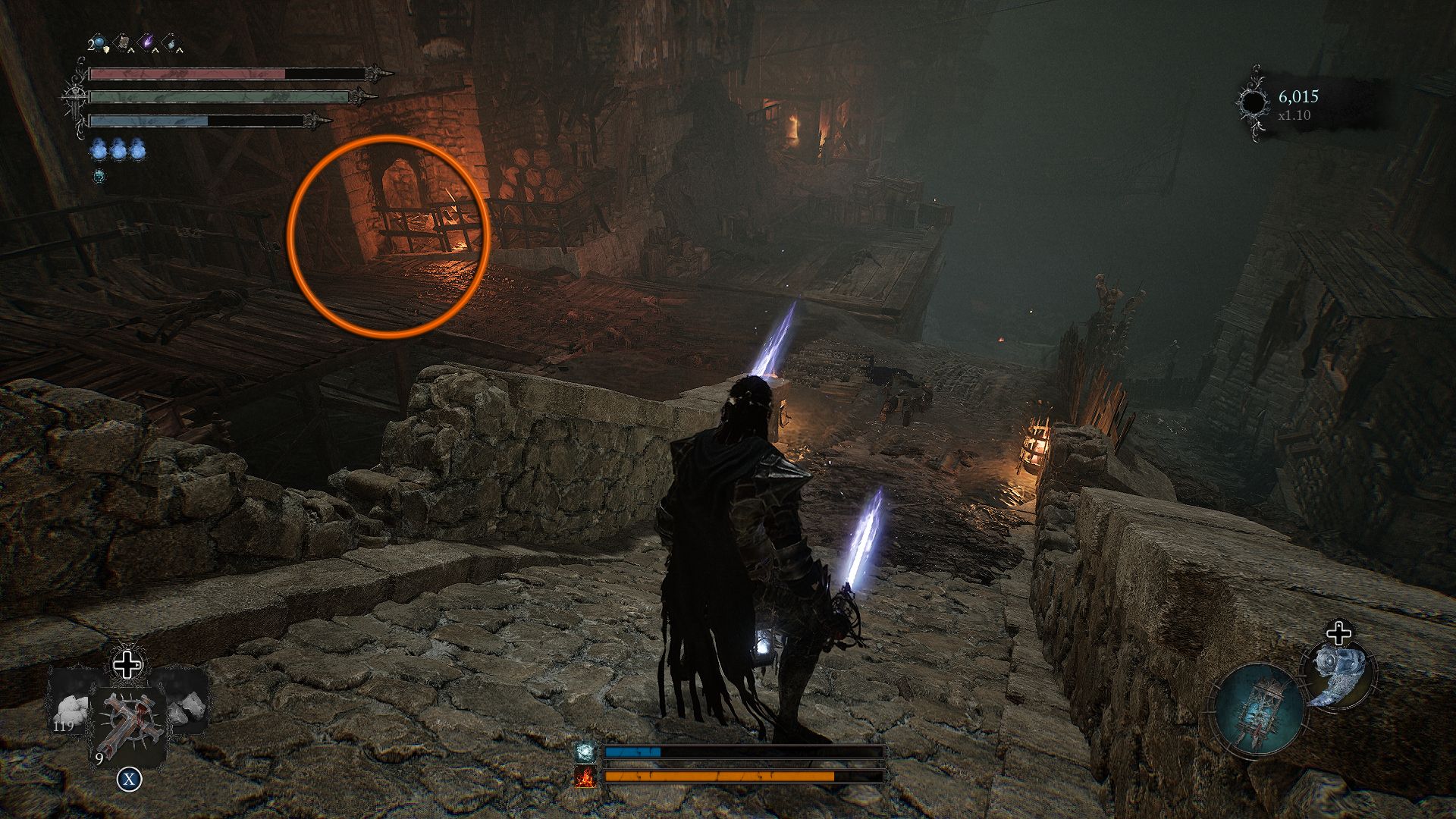 A circle showing the location of the Iron Wayfarer in Lower Calrath Lords of the Fallen